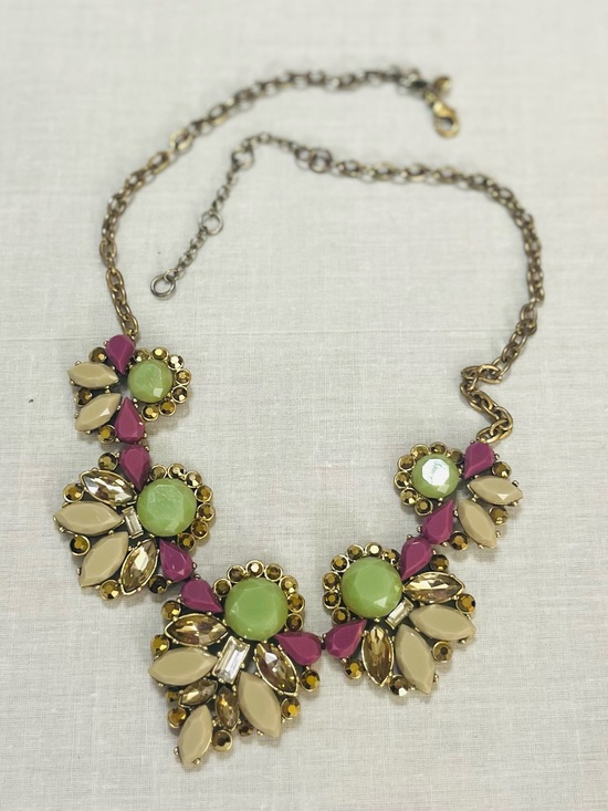 Jewelry - J. CREW Statement Necklace Gold Shiny Rhinestones Green Purple Beige Stones 24”